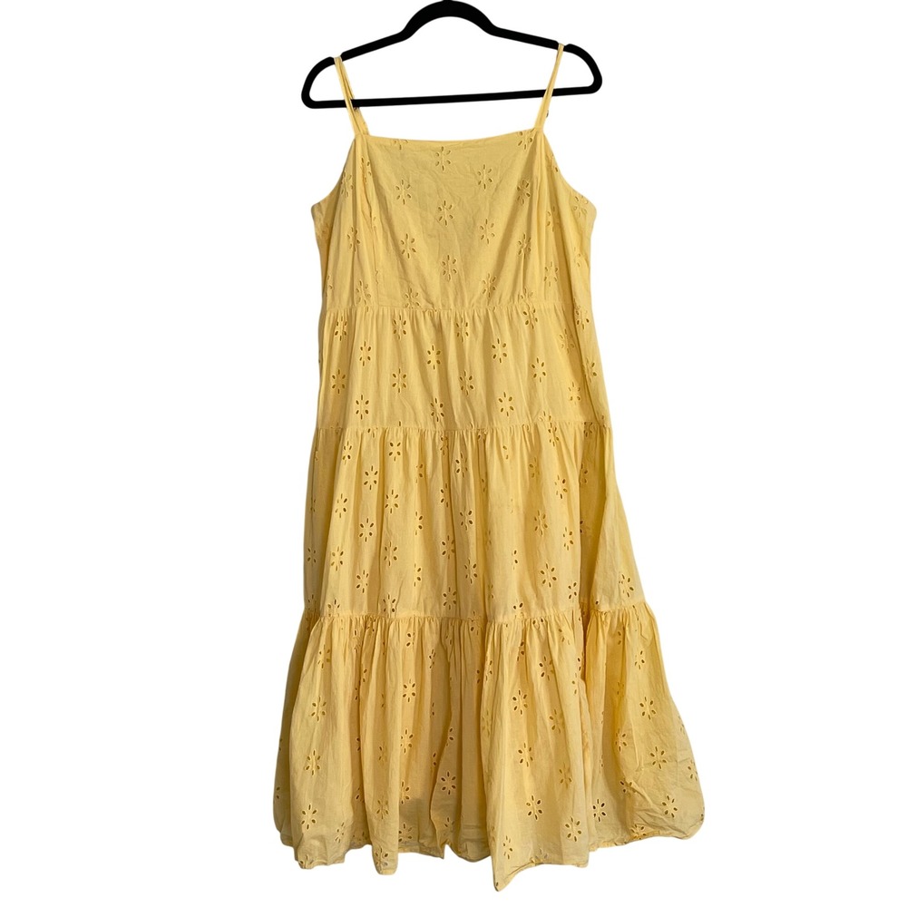 Chaps Yellow Eyelet Tiered Midi Dress Cotton Smocked Back L Large Cottagecore
